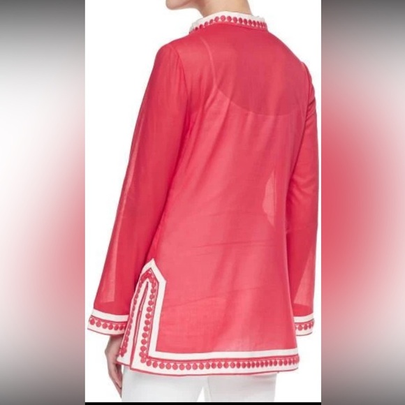 TORY BURCH Dot Trim Embroidered Cotton Tunic Top Blouse Cover Up Size 4 Small S - Picture 3 of 10